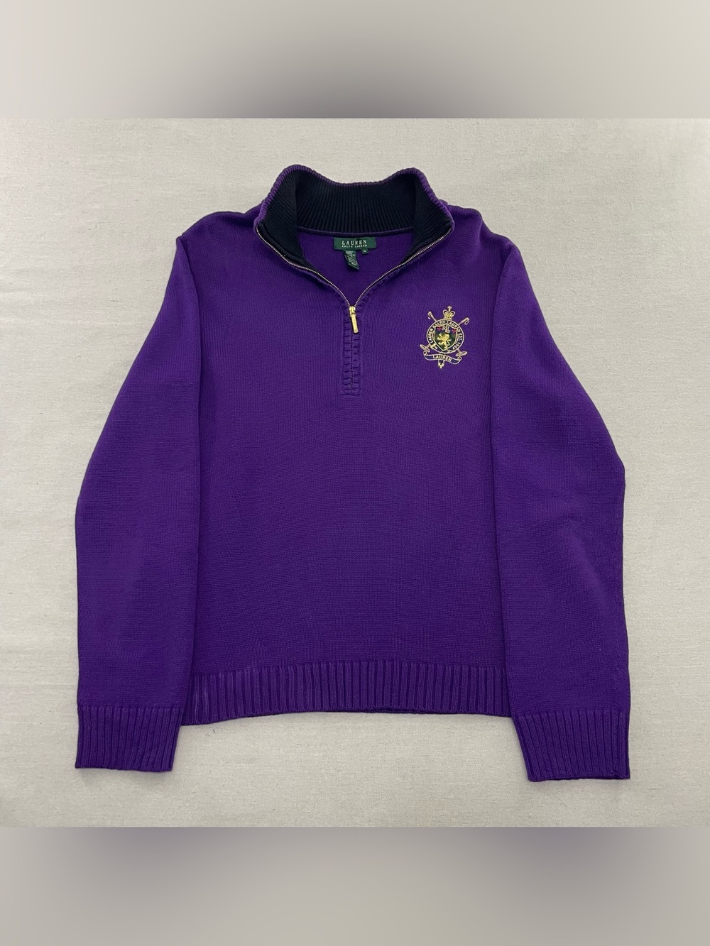 Lauren Ralph Lauren Gold Crown Crest 1/4 Zip Mock Neck Purple Sweater Womens XL